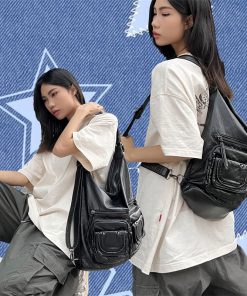 Vintage High-End Motorcycle Shoulder Bag - Soft Leather Commuter Crossbody Backpack for Hot Girls, Subculture Style