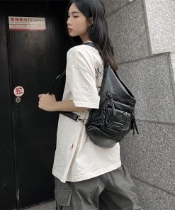 Vintage High-End Motorcycle Shoulder Bag - Soft Leather Commuter Crossbody Backpack for Hot Girls, Subculture Style