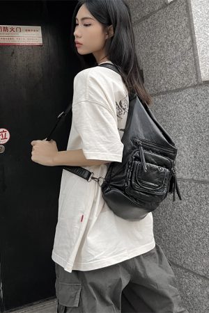 Vintage High-End Motorcycle Shoulder Bag - Soft Leather Commuter Crossbody Backpack for Hot Girls, Subculture Style