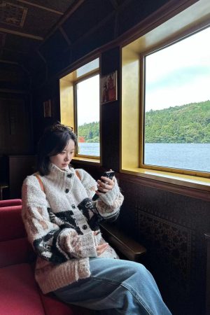 Vintage High Neck Plush Knit Cardigan for Women, Loose Fit Long Sleeve Sweater Coat, 2025 Fall Fashion, Cozy Layering Essential
