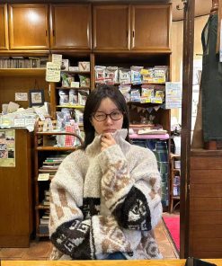 Vintage High Neck Plush Knit Cardigan for Women, Loose Fit Long Sleeve Sweater Coat, 2025 Fall Fashion, Cozy Layering Essential