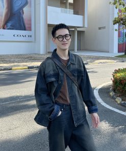 Vintage High Street Blue Washed Denim Jacket for Men - Loose Fit Versatile Autumn Outerwear