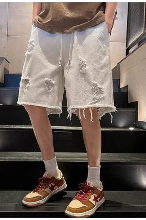 Vintage High Street Frayed Washed Denim Shorts for Men and Women, Trendy Summer Loose Straight Casual Five-Point Shorts