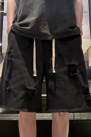 Vintage High Street Frayed Washed Denim Shorts for Men and Women, Trendy Summer Loose Straight Casual Five-Point Shorts