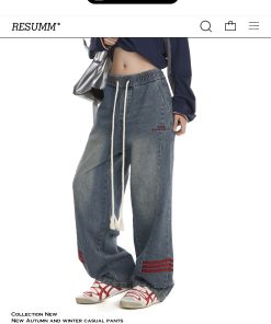 Vintage High Street Women's Loose Fit Cargo Pants with Three Stripes - Trendy Wide Leg American Style