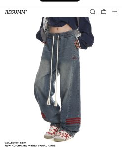 Vintage High Street Women's Loose Fit Cargo Pants with Three Stripes - Trendy Wide Leg American Style