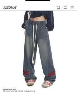 Vintage High Street Women's Loose Fit Cargo Pants with Three Stripes - Trendy Wide Leg American Style