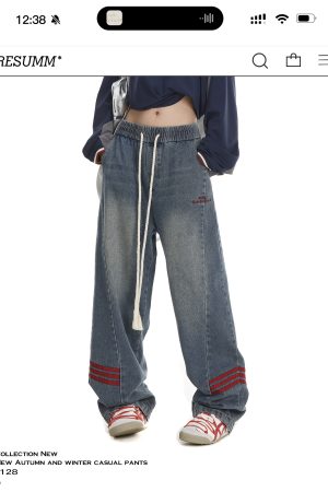Vintage High Street Women's Loose Fit Cargo Pants with Three Stripes - Trendy Wide Leg American Style