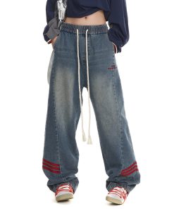 Vintage High Street Women's Loose Fit Cargo Pants with Three Stripes - Trendy Wide Leg American Style