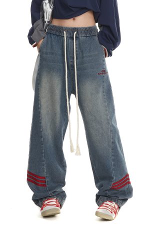 Vintage High Street Women's Loose Fit Cargo Pants with Three Stripes - Trendy Wide Leg American Style