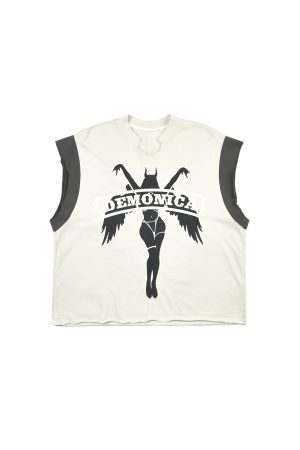 Vintage Illustration Print Oversized Distressed Neckline Sleeveless Vest - Trendy Summer Fashion, Retro Style, Limited Edition