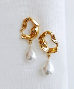 Vintage-Inspired 18K Gold-Plated Baroque Pearl Long Earrings with Hollow Lava Design, Elegant Statement Jewelry