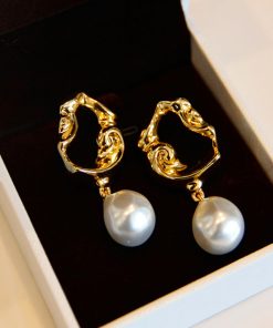 Vintage-Inspired 18K Gold-Plated Baroque Pearl Long Earrings with Hollow Lava Design, Elegant Statement Jewelry