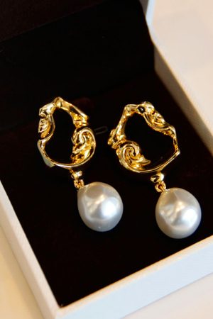 Vintage-Inspired 18K Gold-Plated Baroque Pearl Long Earrings with Hollow Lava Design, Elegant Statement Jewelry