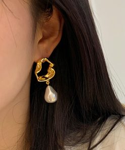 Vintage-Inspired 18K Gold-Plated Baroque Pearl Long Earrings with Hollow Lava Design, Elegant Statement Jewelry