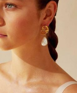 Vintage-Inspired 18K Gold-Plated Baroque Pearl Long Earrings with Hollow Lava Design, Elegant Statement Jewelry