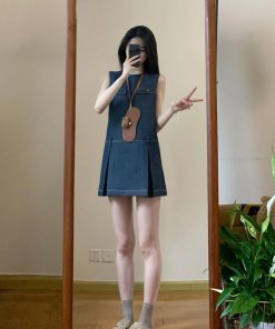 Vintage-Inspired Blue Sleeveless Denim Dress for Women - Waist-Cinching Elegant Design, Short Skirt, Perfect for Summer Style