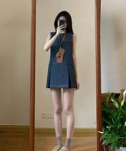 Vintage-Inspired Blue Sleeveless Denim Dress for Women - Waist-Cinching Elegant Design, Short Skirt, Perfect for Summer Style