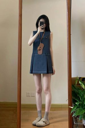 Vintage-Inspired Blue Sleeveless Denim Dress for Women - Waist-Cinching Elegant Design, Short Skirt, Perfect for Summer Style