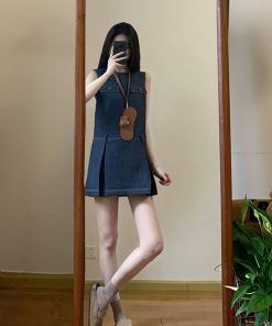 Vintage-Inspired Blue Sleeveless Denim Dress for Women - Waist-Cinching Elegant Design, Short Skirt, Perfect for Summer Style