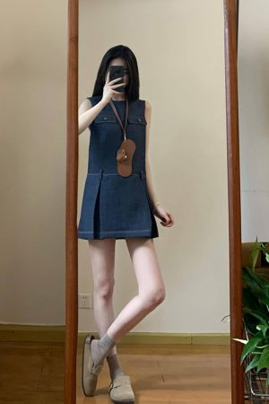 Vintage-Inspired Blue Sleeveless Denim Dress for Women - Waist-Cinching Elegant Design, Short Skirt, Perfect for Summer Style
