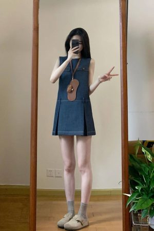 Vintage-Inspired Blue Sleeveless Denim Dress for Women - Waist-Cinching Elegant Design, Short Skirt, Perfect for Summer Style
