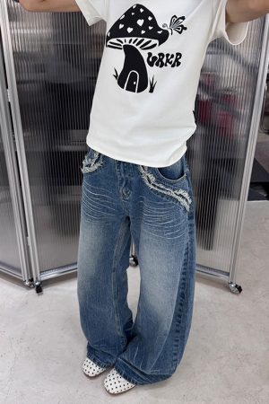 Vintage-Inspired Cat Whiskers Pocket Frayed Loose Straight-Leg Jeans for Women - American Style Draping Trend