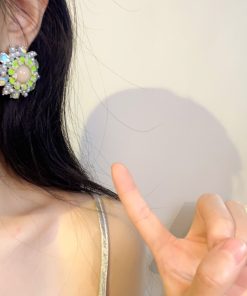 Vintage-Inspired Green Floral Pearl Mermaid Earrings - Large Exaggerated Round Geometric French Ear Studs