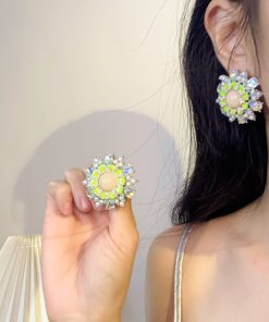 Vintage-Inspired Green Floral Pearl Mermaid Earrings - Large Exaggerated Round Geometric French Ear Studs