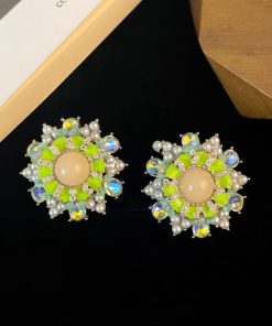 Vintage-Inspired Green Floral Pearl Mermaid Earrings - Large Exaggerated Round Geometric French Ear Studs