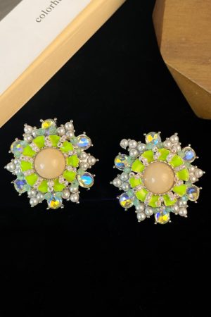 Vintage-Inspired Green Floral Pearl Mermaid Earrings - Large Exaggerated Round Geometric French Ear Studs