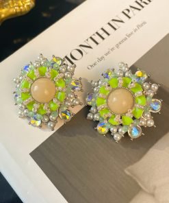 Vintage-Inspired Green Floral Pearl Mermaid Earrings - Large Exaggerated Round Geometric French Ear Studs