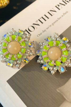 Vintage-Inspired Green Floral Pearl Mermaid Earrings - Large Exaggerated Round Geometric French Ear Studs