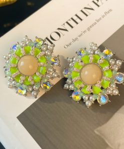 Vintage-Inspired Green Floral Pearl Mermaid Earrings - Large Exaggerated Round Geometric French Ear Studs