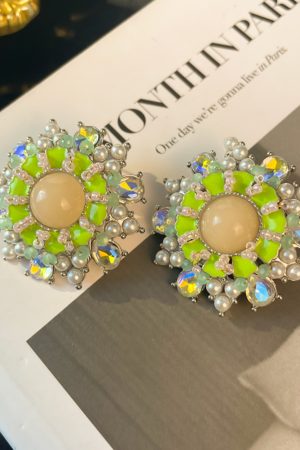 Vintage-Inspired Green Floral Pearl Mermaid Earrings - Large Exaggerated Round Geometric French Ear Studs