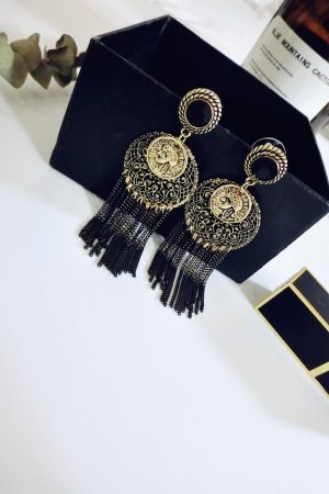 Vintage-Inspired Hollow Large Round Earrings with Long Tassel Design - Retro European American Style for Women