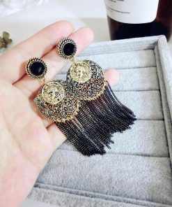 Vintage-Inspired Hollow Large Round Earrings with Long Tassel Design - Retro European American Style for Women