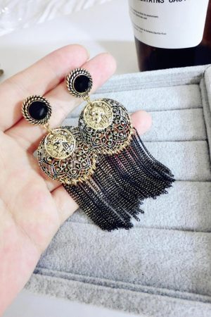 Vintage-Inspired Hollow Large Round Earrings with Long Tassel Design - Retro European American Style for Women