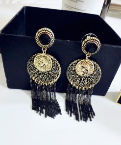 Vintage-Inspired Hollow Large Round Earrings with Long Tassel Design - Retro European American Style for Women