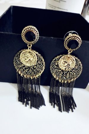 Vintage-Inspired Hollow Large Round Earrings with Long Tassel Design - Retro European American Style for Women
