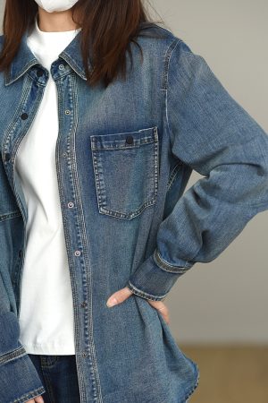 Vintage-Inspired Loose Mid-Length Long Sleeve Denim Shirt Jacket - Stylish Casual Outerwear for Effortless 90s and Y2K Fashion