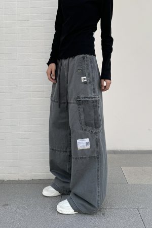 Vintage-Inspired Loose Straight Leg Work Pants for Women with Pocket Cut Design - Casual American Style Trousers