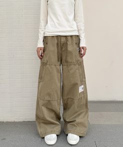 Vintage-Inspired Loose Straight Leg Work Pants for Women with Pocket Cut Design - Casual American Style Trousers