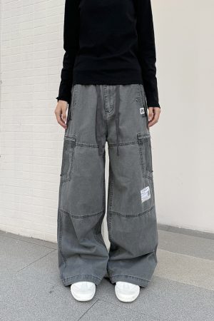 Vintage-Inspired Loose Straight Leg Work Pants for Women with Pocket Cut Design - Casual American Style Trousers