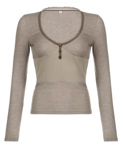 Vintage-Inspired Low-Cut V-Neck Long Sleeve T-Shirt - Slim Fit Waist-Defining Top for Autumn Winter Layering