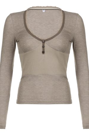 Vintage-Inspired Low-Cut V-Neck Long Sleeve T-Shirt - Slim Fit Waist-Defining Top for Autumn Winter Layering