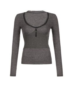Vintage-Inspired Low-Cut V-Neck Long Sleeve T-Shirt - Slim Fit Waist-Defining Top for Autumn Winter Layering