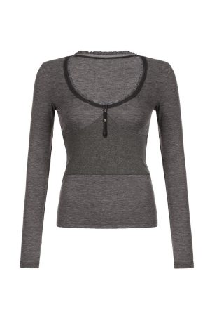 Vintage-Inspired Low-Cut V-Neck Long Sleeve T-Shirt - Slim Fit Waist-Defining Top for Autumn Winter Layering