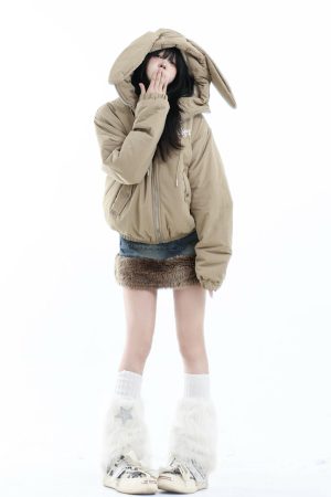 Vintage-Inspired Rabbit Ear Hooded Jacket with Plush Lining, Loose Fit Short Cotton Coat, Cute Y2K Style for Trendy Outfits