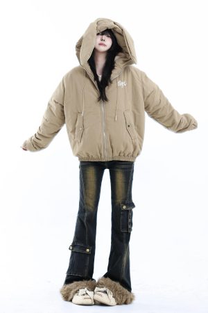 Vintage-Inspired Rabbit Ear Hooded Jacket with Plush Lining, Loose Fit Short Cotton Coat, Cute Y2K Style for Trendy Outfits